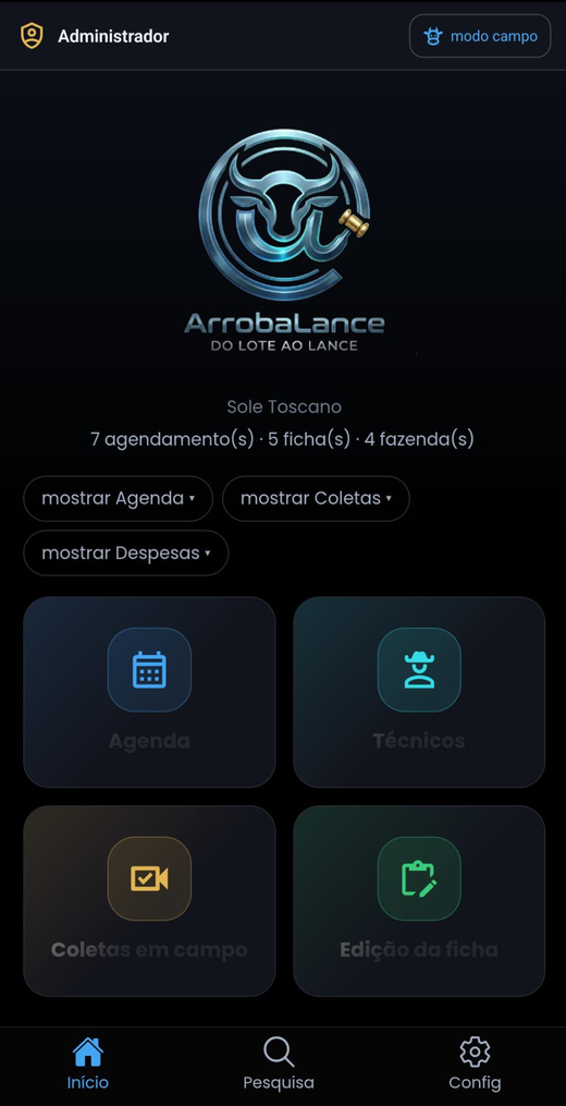 Tela inicial do administrador no ArrobaLance